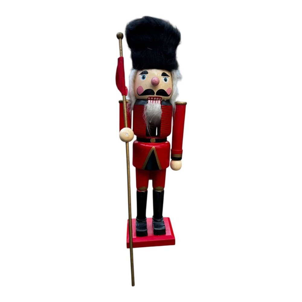 Vtg Wooden British Soldier Nutcracker Decoration 21" Tall Red & Black Fur Hat